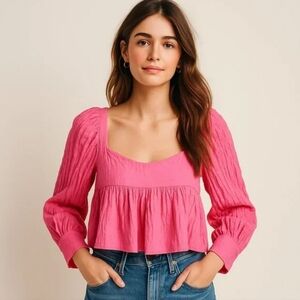 WAYF Square Neck Long Sleeve Babydoll Blouse Pink Size Medium